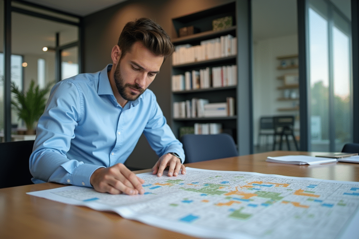 Jeune urbaniste étudiant une carte de zonage colorée