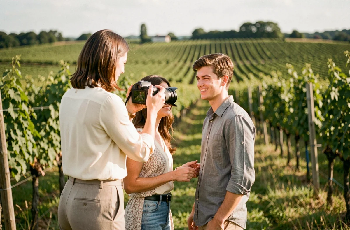 Photographe femme dirigeant une séance portrait de couple en extérieur dans les vignes de la Marne pour Valérie Bourgin Photographie