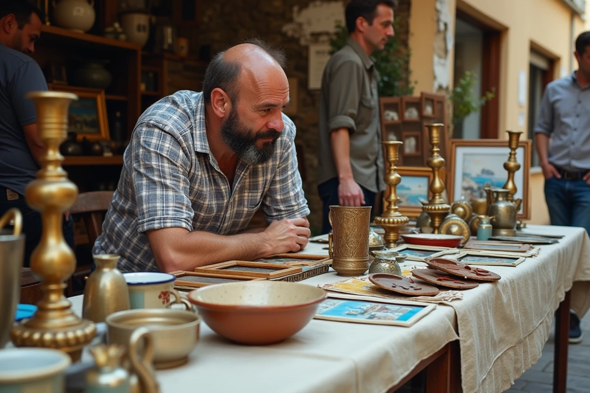 Vendeur de brocante discutant avec un client devant une table d'objets anciens dans les Alpes-Maritimes