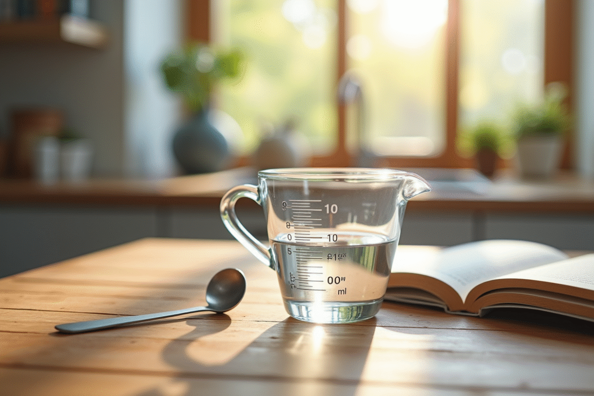 Verre mesure d'eau sur plan de travail en bois