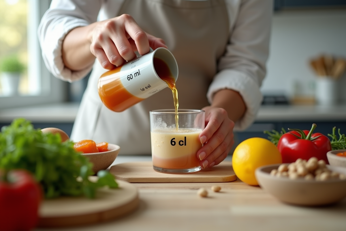 Deux mains versant liquide dans un récipient en cuisine moderne