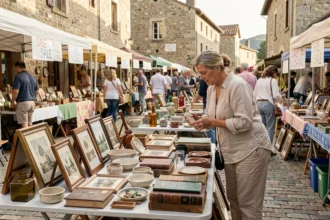 Femme parcourant les étals d'un vide grenier animé sur une place de village dans l'Ain, avec des objets vintage et anciens exposés sur des tables pliantes