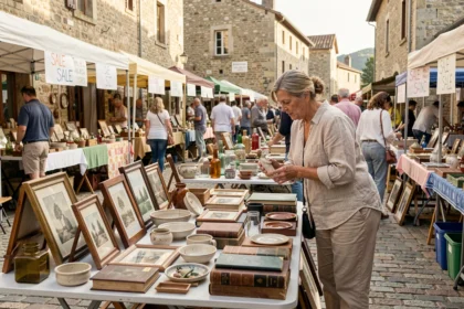 Femme parcourant les étals d'un vide grenier animé sur une place de village dans l'Ain, avec des objets vintage et anciens exposés sur des tables pliantes