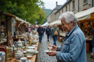 Vide grenier animé sur une place de village breton avec objets chinés et visiteurs