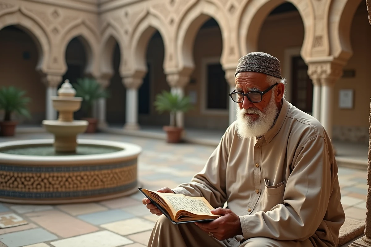 Vieil homme lisant le Coran dans la cour d'une mosquée historique avec une fontaine d'ablutions en arrière-plan