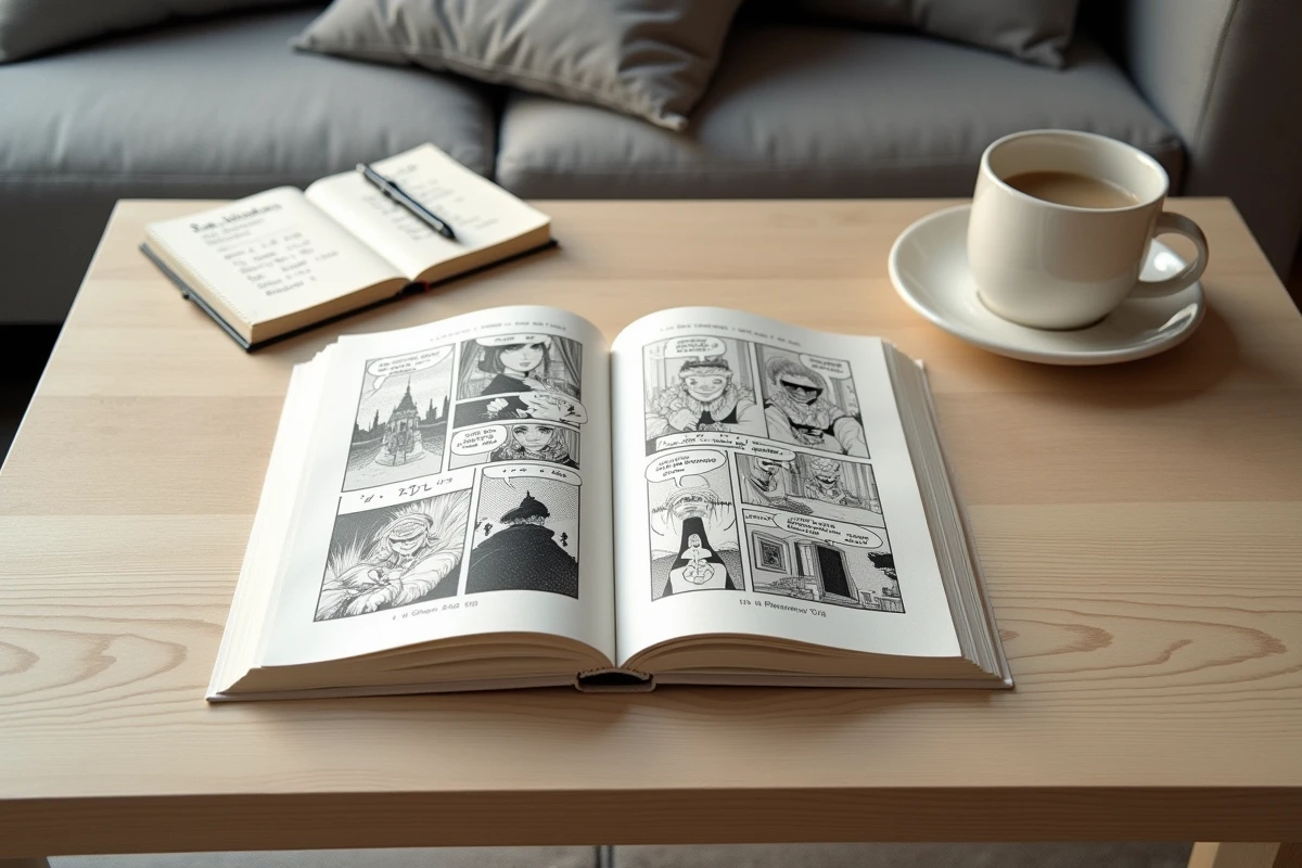 Volume manga ouvert avec notes manuscrites sur les retards de parution des chapitres de Journey to the West VF