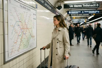 Voyageuse consultant un plan du métro de Paris dans une station pour rejoindre l'aéroport de Roissy