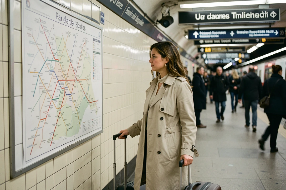 Voyageuse consultant un plan du métro de Paris dans une station pour rejoindre l'aéroport de Roissy