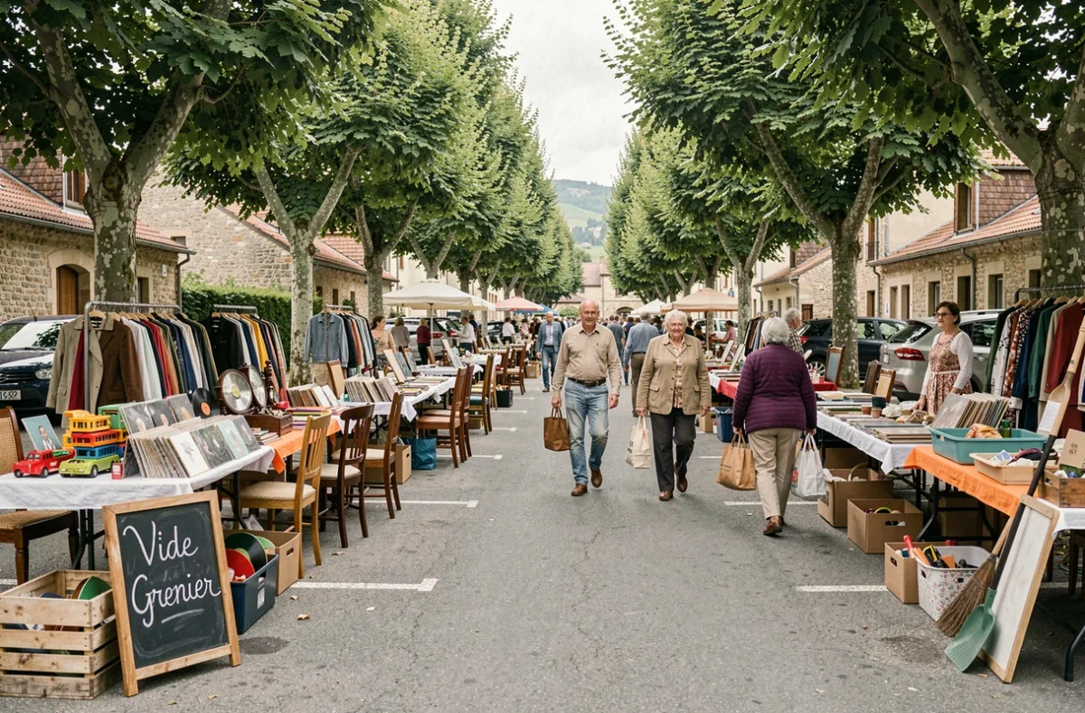 Vue d'ensemble d'un vide grenier animé dans une petite ville de l'Ain, avec des rangées d'étals remplis de meubles et d'objets rétro, familles et promeneurs visitant le marché