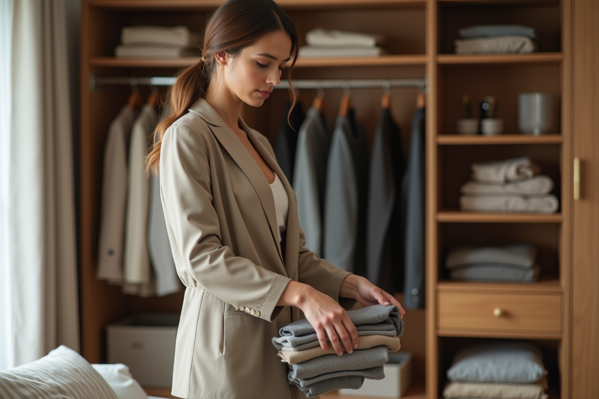 Femme stylée organisant ses vêtements dans un vestiaire